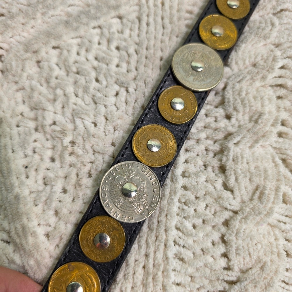 VTG 80s Ginnie Johansen Belt Black Mexican Coin Studded Western Leather 24-26 - Picture 4 of 11